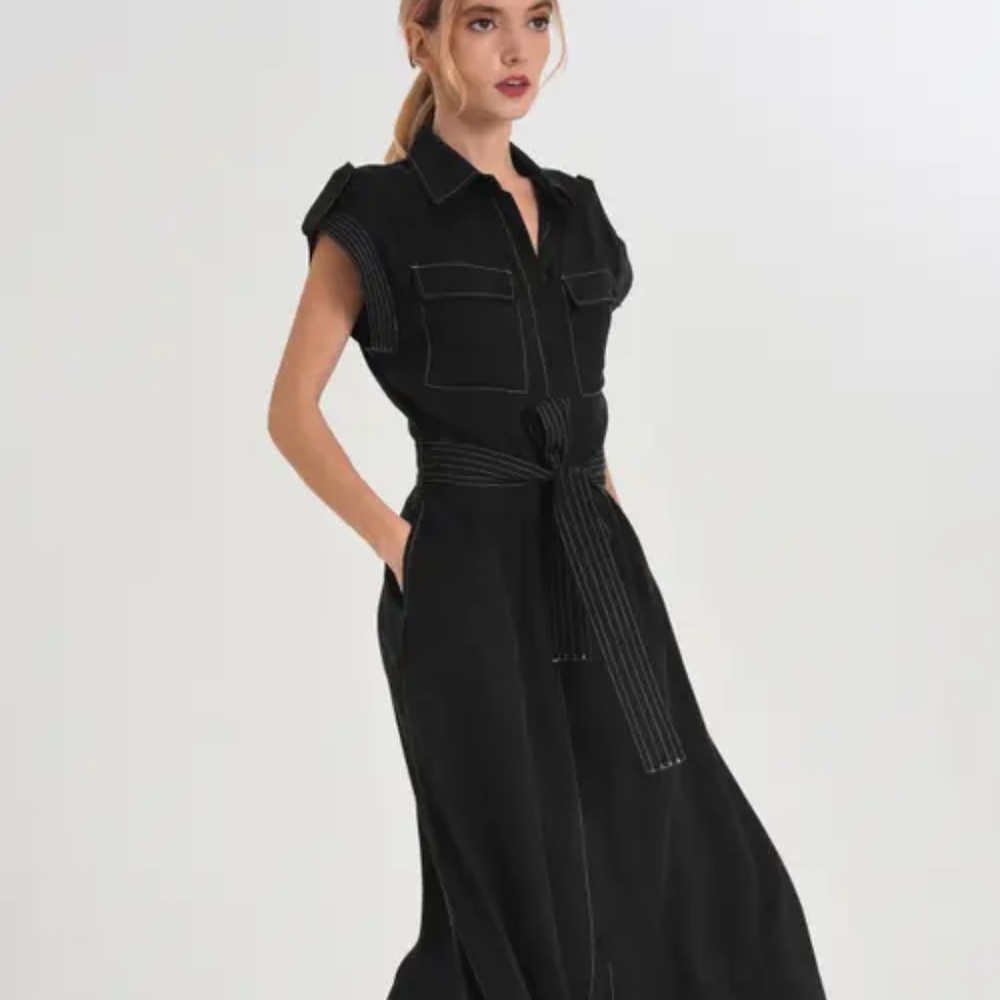 Black Midi Shirt Dress with Contrast Stitching and Waist Tie